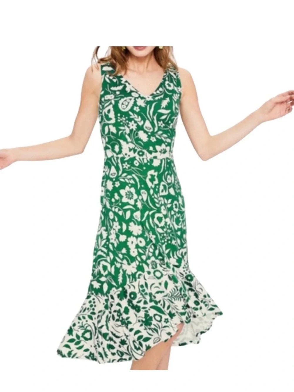 Boden, Eliza Midi Sleeveless Green & White Floral V-Neck  Dress - Picture 2 of 14